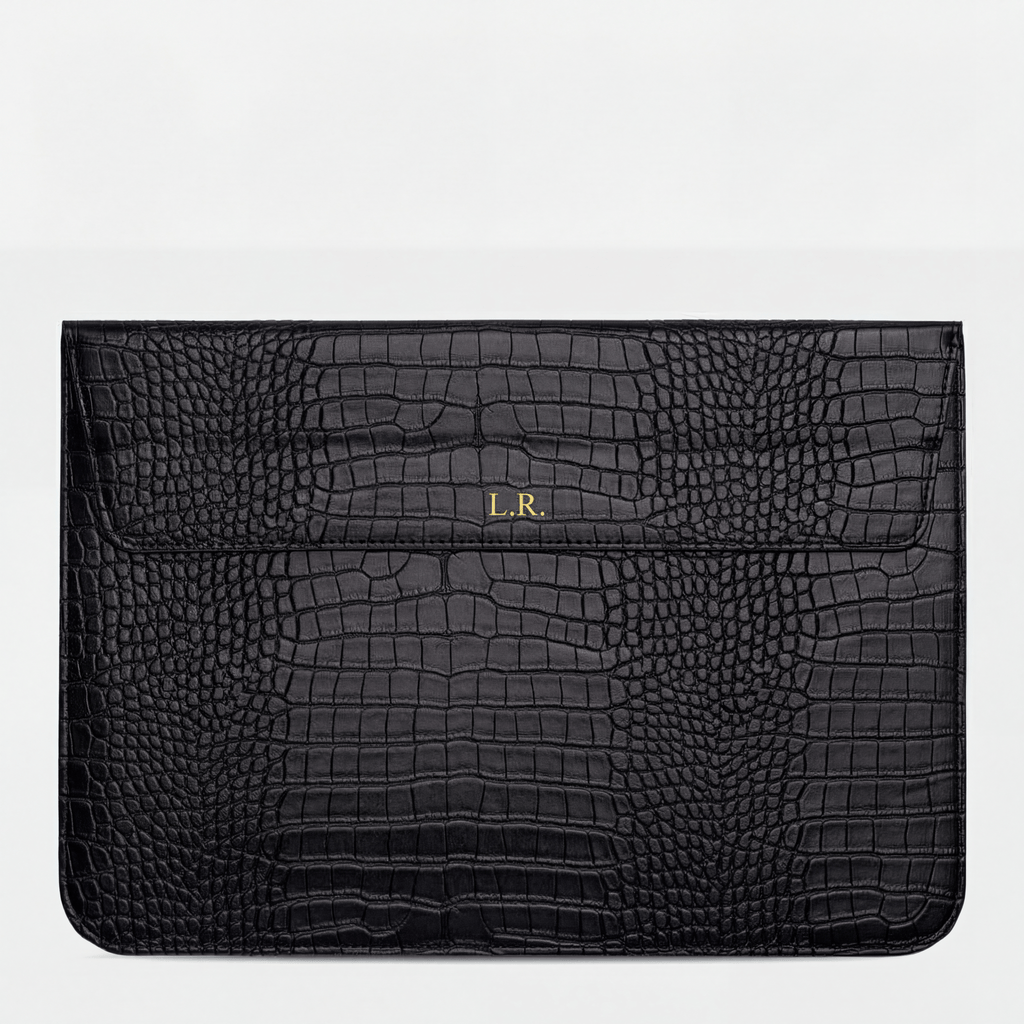 Obsidian Personalized Crocodile Leather Laptop Sleeve and Stand LUM7592