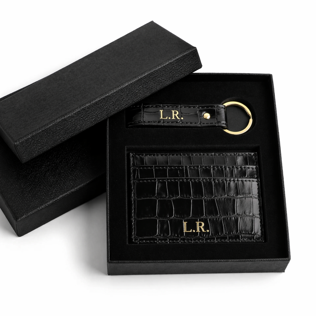 Obsidian Personalized Crocodile Leather Wallet & Keychain Set #AUR2059
