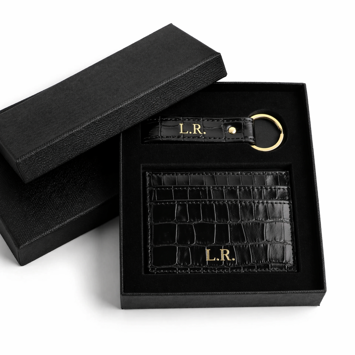 Obsidian Personalized Crocodile Leather Wallet & Keychain Set #AUR2059