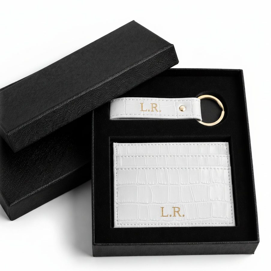 Crème Personalized Crocodile Leather Wallet & Keychain Set NEC16929