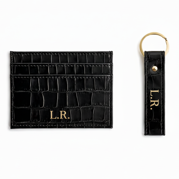 Obsidian Personalized Crocodile Leather Wallet & Keychain Set #AUR2059