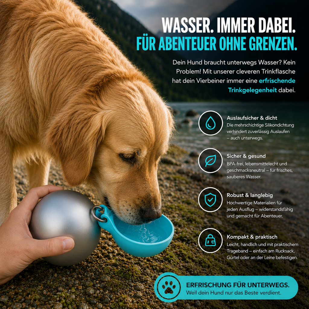 Ruhepfote 2-in-1 Hundewasserflasche – Frisches Wasser für unterwegs