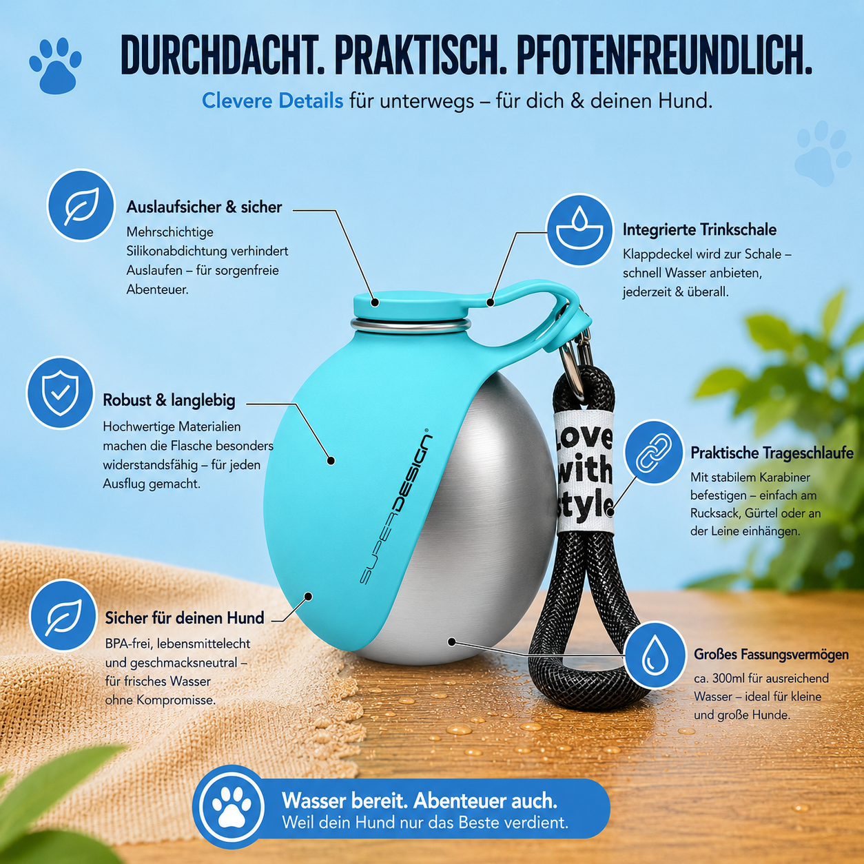 Ruhepfote 2-in-1 Hundewasserflasche – Frisches Wasser für unterwegs