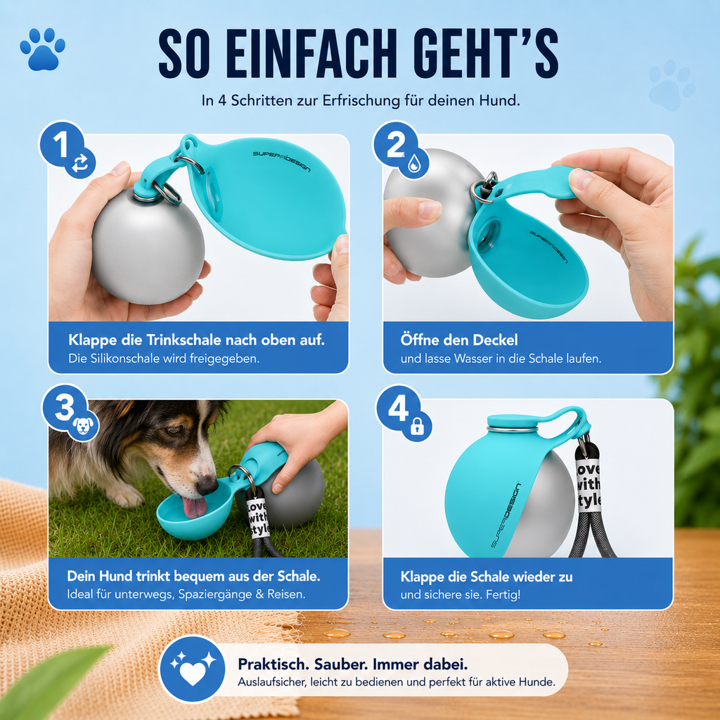 Ruhepfote 2-in-1 Hundewasserflasche – Frisches Wasser für unterwegs