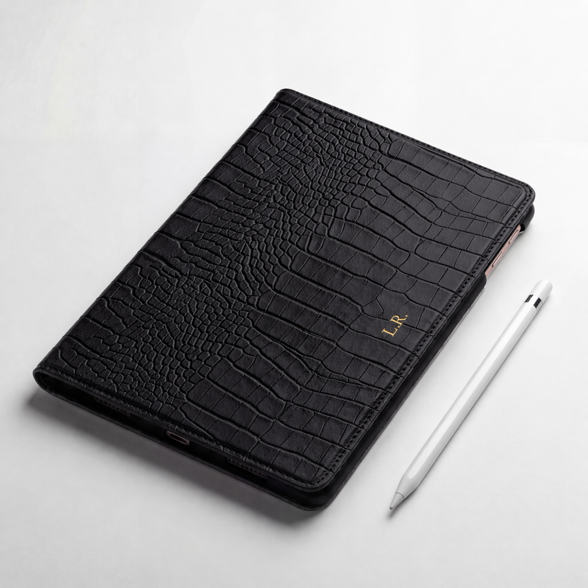 Obsidian Personalized Crocodile Leather iPad Case and Stand